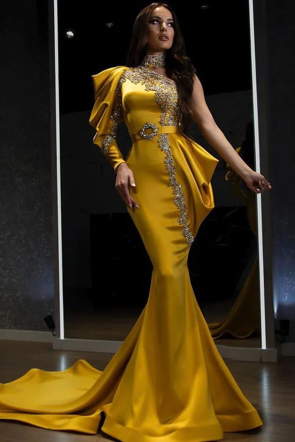 Elegant High Neck Long Sleeves Gold Evening Dress Mermaid With Beads-BallBride