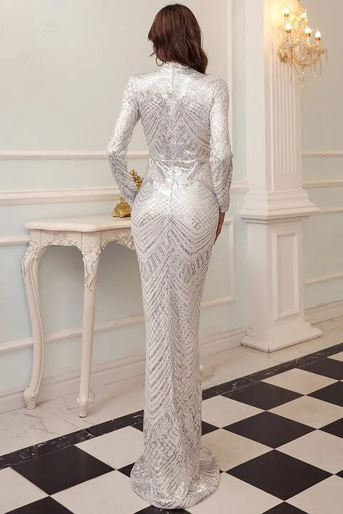 Elegant High Neck Sequin Long Sleeve Mermaid Evening Gowns-BallBride