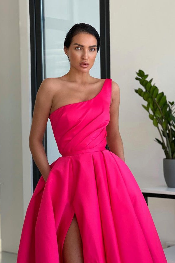 Elegant Hot Pink One Shoulder Evening Party Dress with Long Split Sleeves-Occasion Dress-BallBride