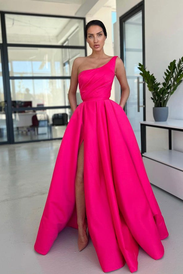 Elegant Hot Pink One Shoulder Evening Party Dress with Long Split Sleeves-Occasion Dress-BallBride