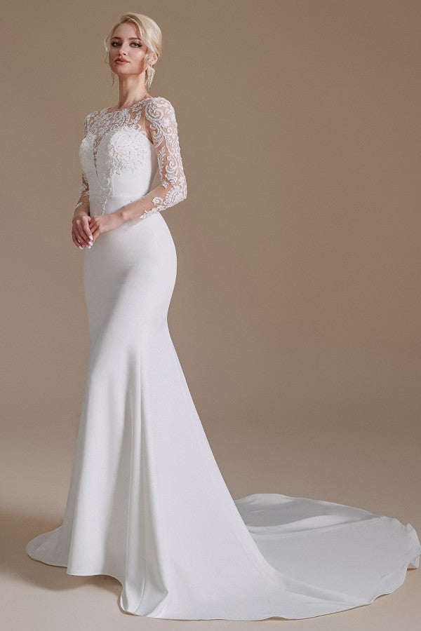 Elegant Jewel Satin Lace Long Mermaid Wedding Dress With Sleeves-Wedding Dresses-BallBride