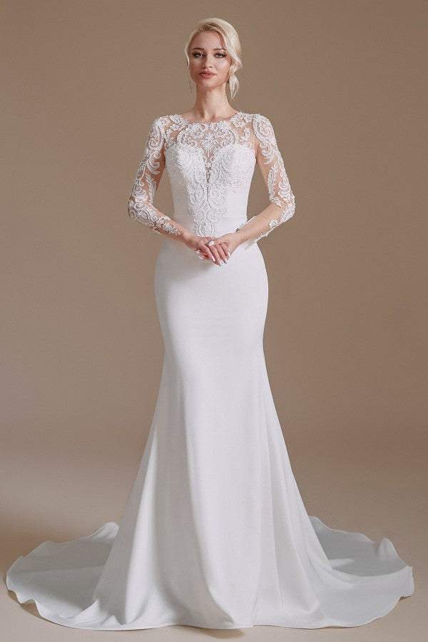 Elegant Jewel Satin Lace Long Mermaid Wedding Dress With Sleeves-Wedding Dresses-BallBride