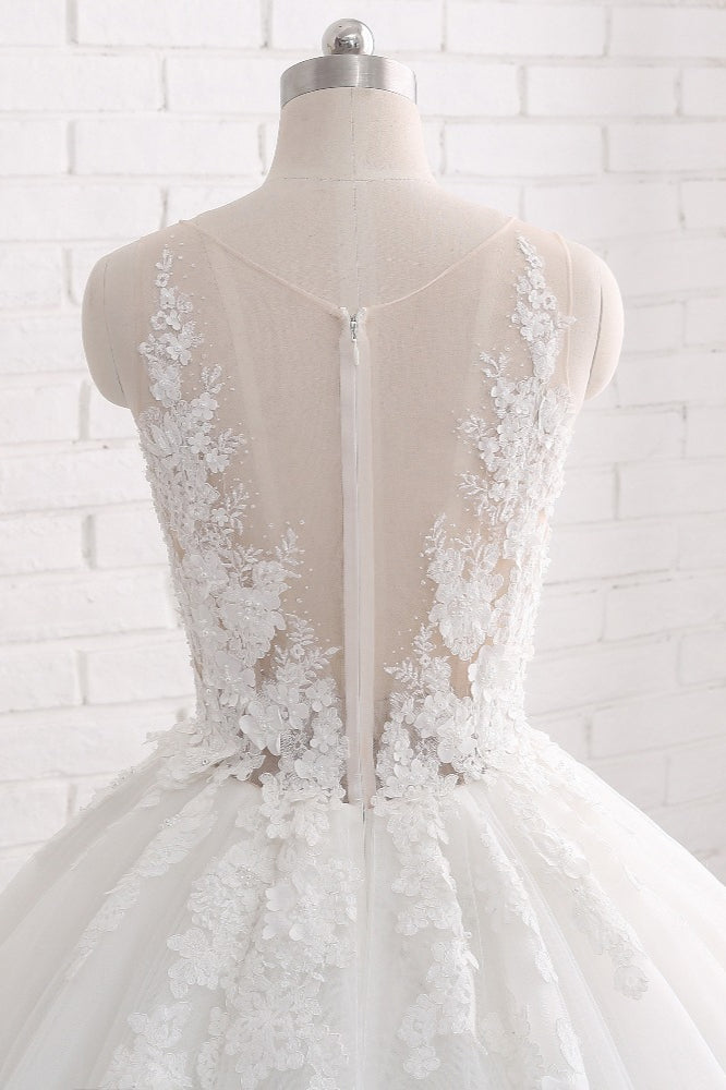 Elegant Lace Applique Sleeveless Long Wedding Dress-Wedding Dresses-BallBride