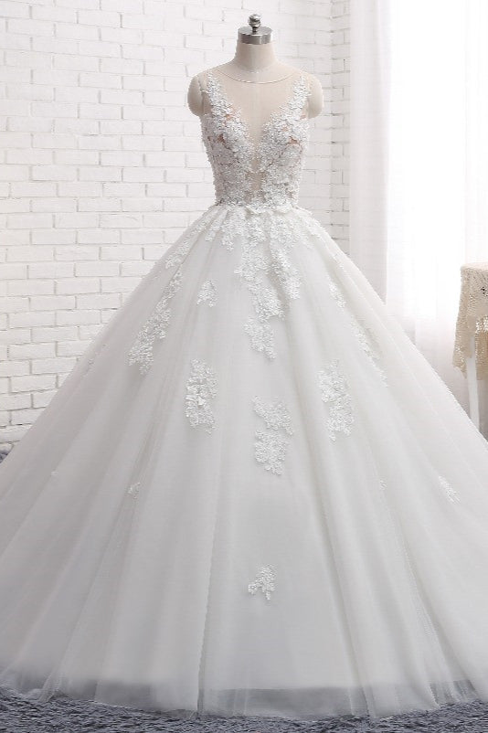Elegant Lace Applique Sleeveless Long Wedding Dress-Wedding Dresses-BallBride