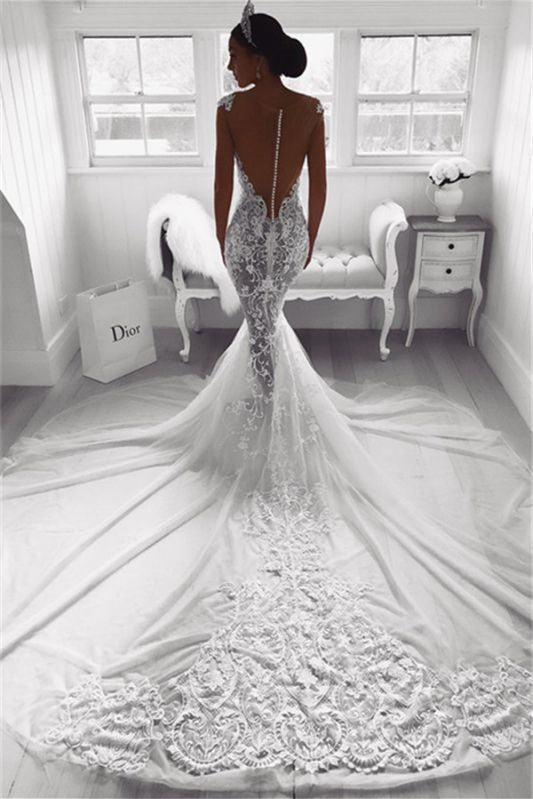 Elegant Lace Appliques Cap Sleeves Mermaid Wedding Dress With Zipper Button Back-Wedding Dresses-BallBride