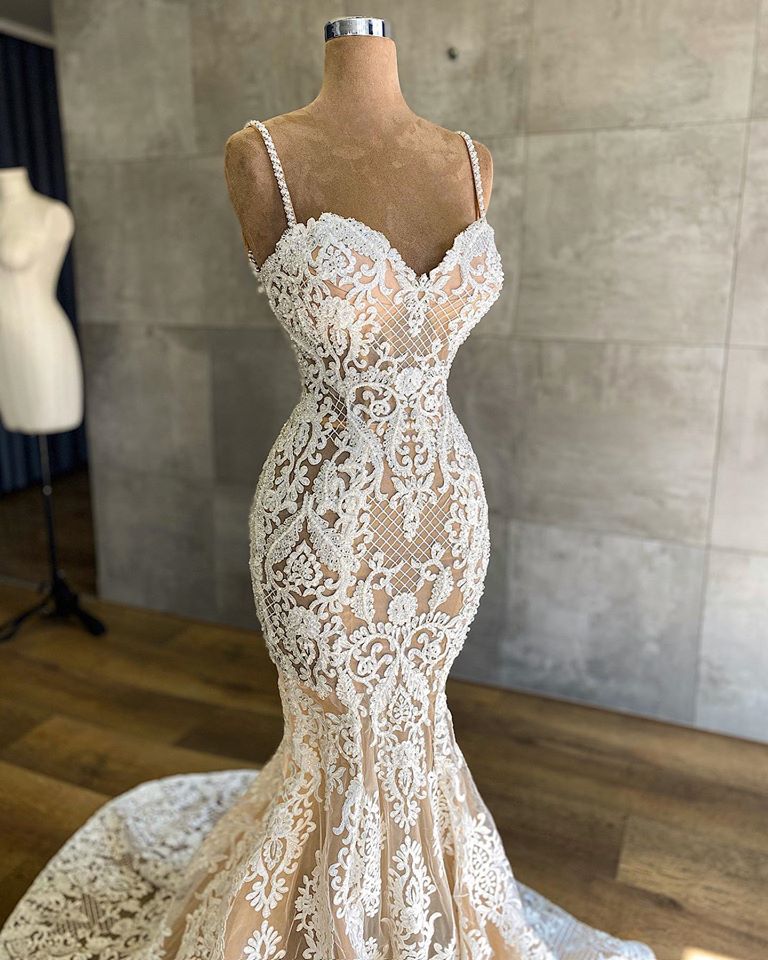 Elegant Lace Wedding Dress - Mermaid Spaghetti-Straps Champagne Sleeveless-Wedding Dresses-BallBride