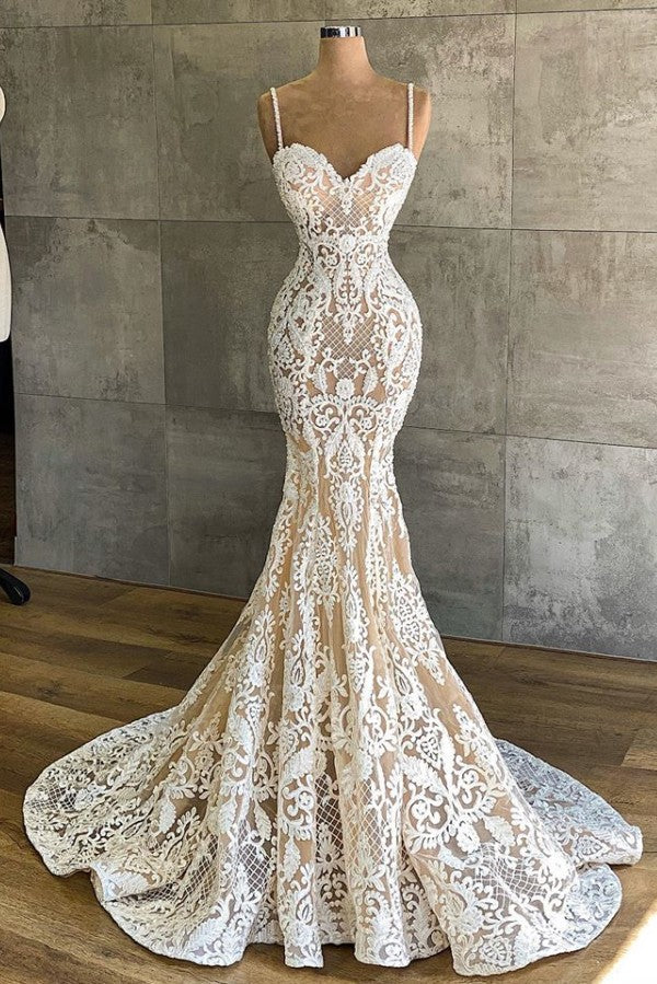 Elegant Lace Wedding Dress - Mermaid Spaghetti-Straps Champagne Sleeveless-Wedding Dresses-BallBride