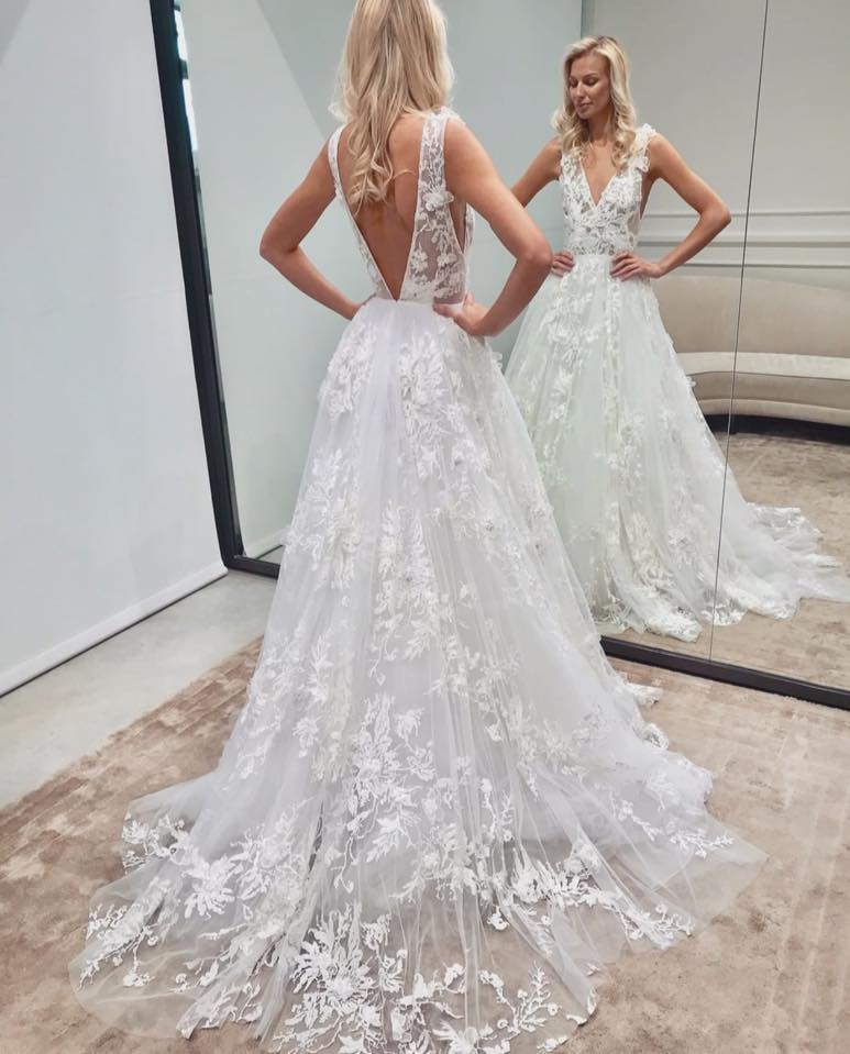 Elegant Long A-line V-neck Tulle Lace Backless Wedding Dress-Wedding Dresses-BallBride