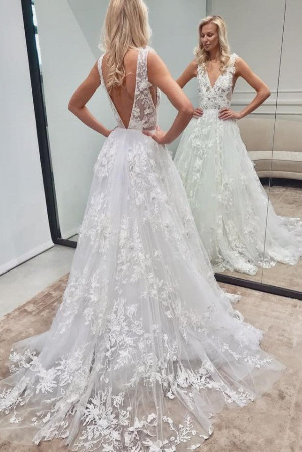 Elegant Long A-line V-neck Tulle Lace Backless Wedding Dress-Wedding Dresses-BallBride