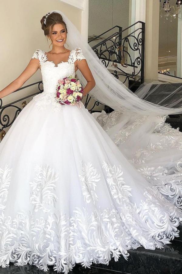 Elegant Long Cap Sleeves Princess Tulle Lace Wedding Dress-Wedding Dresses-BallBride