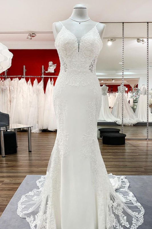 Elegant Long Mermaid Wedding Dress with Lace Satin Spaghetti Straps & Open Back-Wedding Dresses-BallBride