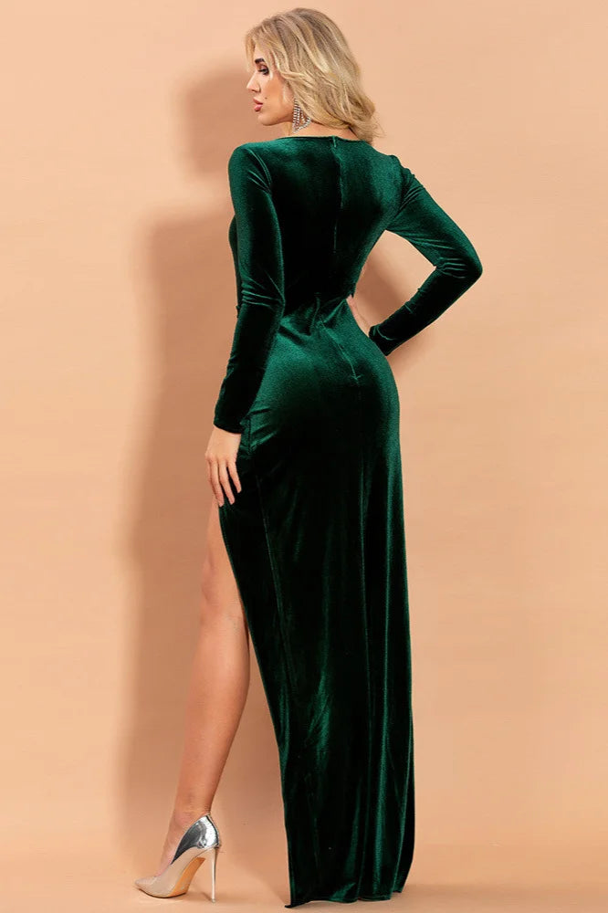 Elegant Long Sleeve Green Evening Dress With Split Online-BallBride
