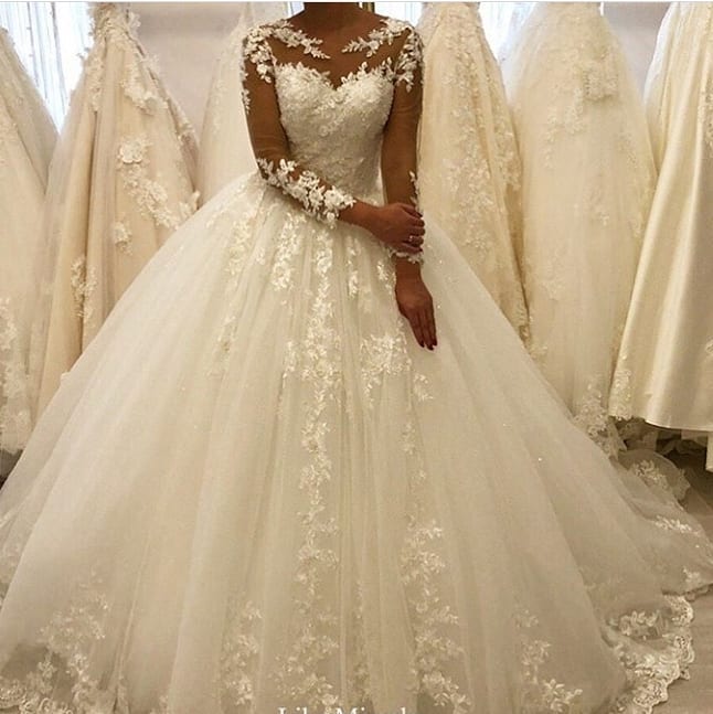 Elegant Long Sleeves Appliques Wedding Dress with Chic Lace Ruffles-Wedding Dresses-BallBride