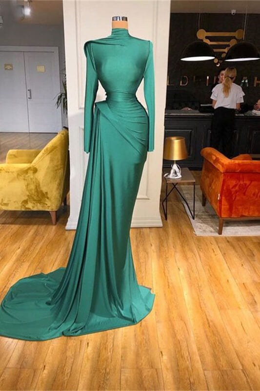 Elegant Long Sleeves Green High Neck Prom Dress Mermaid with Ruffle-BallBride