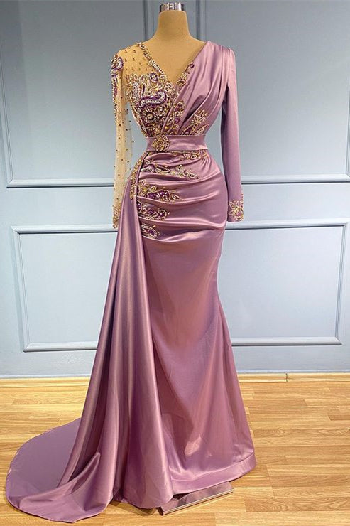 Elegant Long Sleeves Mermaid Prom Dress With Beadings-Occasion Dress-BallBride