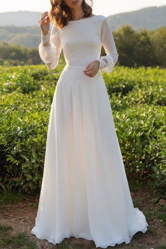 Elegant Long Sleeves Tulle Bateau Boho Wedding Dress A Line Open Back-Wedding Dresses-BallBride