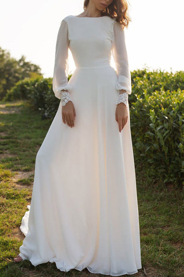 Elegant Long Sleeves Tulle Bateau Boho Wedding Dress A Line Open Back-Wedding Dresses-BallBride