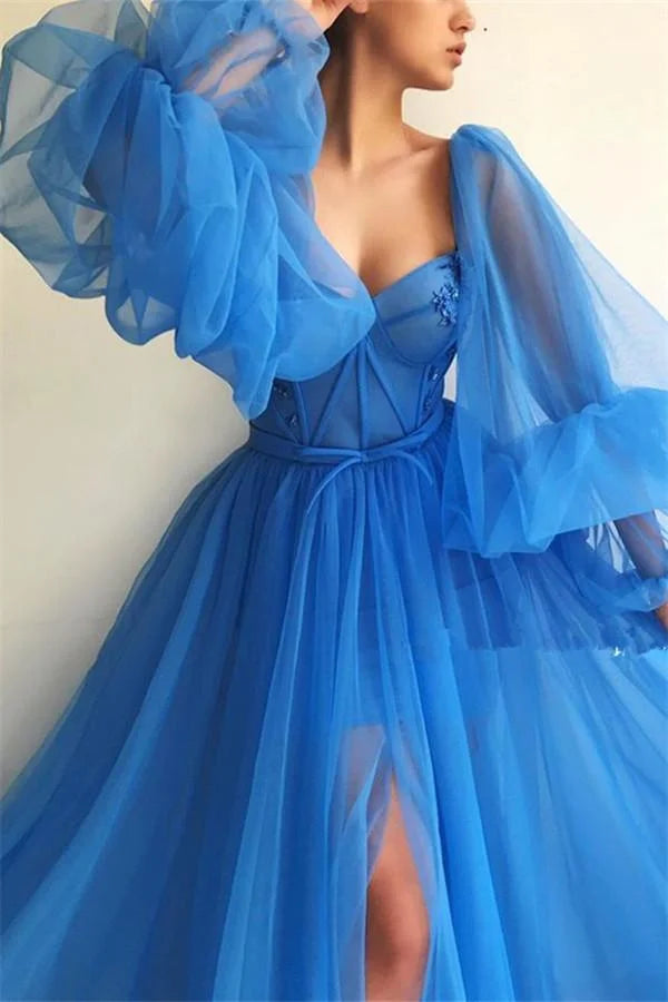 Elegant Long Sleeves Tulle Prom Dress Slit Evening Party Gowns-BallBride