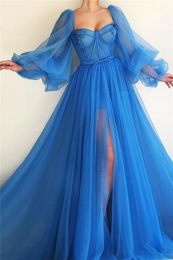 Elegant Long Sleeves Tulle Prom Dress Slit Evening Party Gowns-BallBride