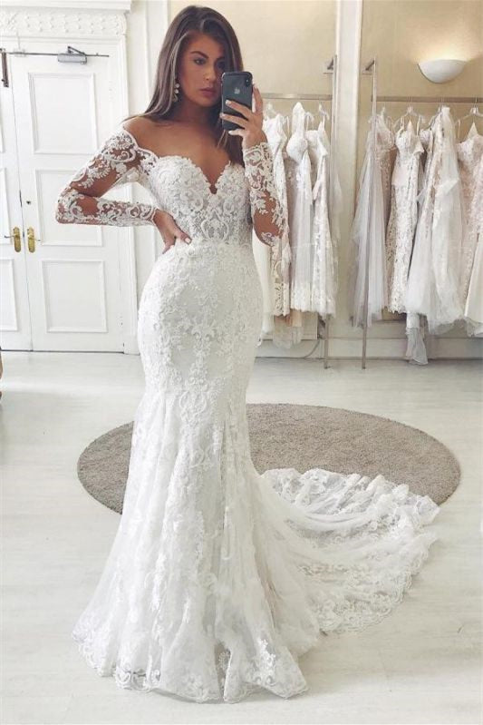 Elegant Long Sleeves V-Neck Lace Off-The-Shoulder Wedding Dress With Appliques-Wedding Dresses-BallBride