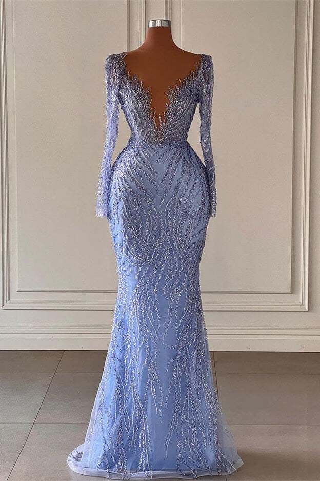 Elegant Long Sleeves V Neck Mermaid Evening Dress with Sequins Beadings-BallBride