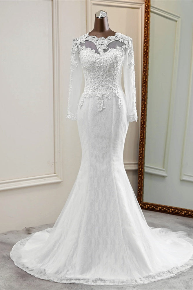 Elegant Mermaid Wedding Dress With Chic Jewel Long Sleeves-Wedding Dresses-BallBride