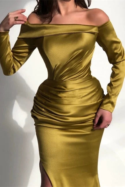 Elegant Off-the-Shoulder Mermaid Evening Party Dress Long Sleeves With Slit-BallBride