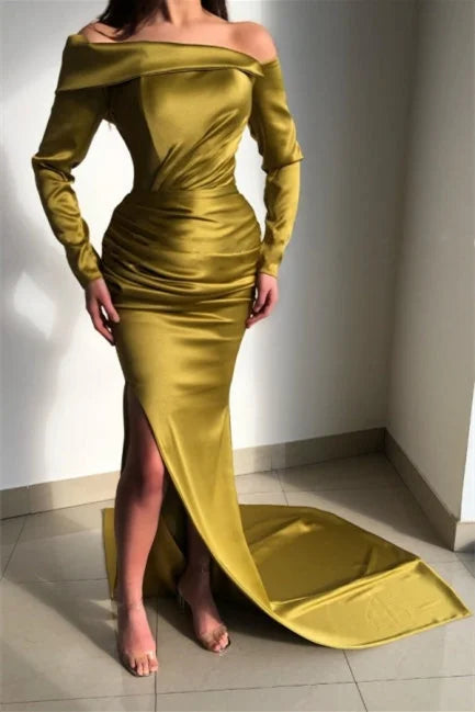 Elegant Off-the-Shoulder Mermaid Evening Party Dress Long Sleeves With Slit-BallBride