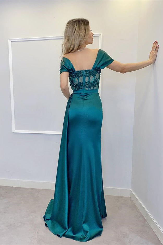 Elegant Off-the-Shoulder Mermaid Prom Dress With Beads Split-Occasion Dress-BallBride