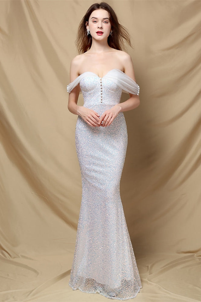 Elegant Off-The-Shoulder Mermaid Sequins Prom Dress With Sweetheart Buttons-BallBride