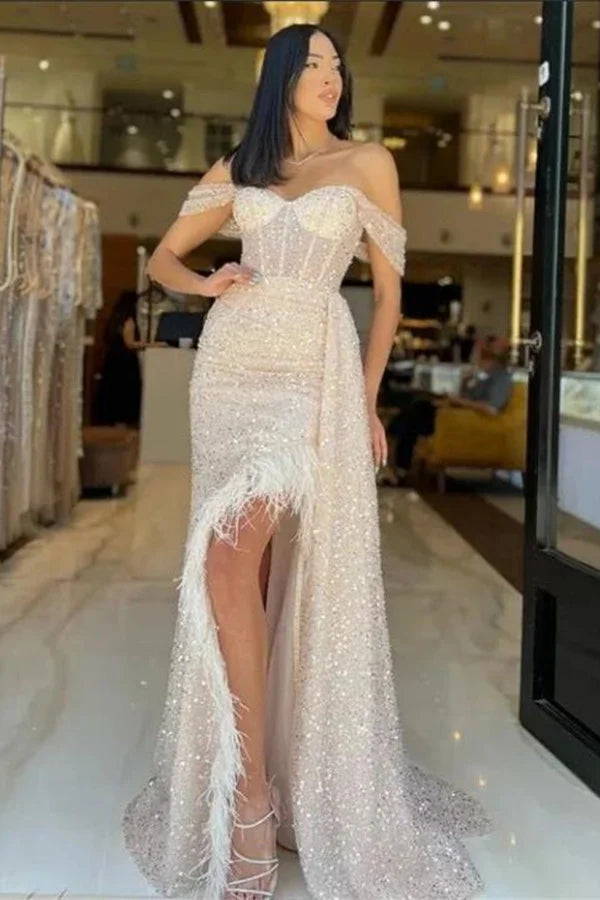 Elegant Off-the-Shoulder Sequins Evening Party Dress Mermaid Slit With Ruffles Feather-BallBride