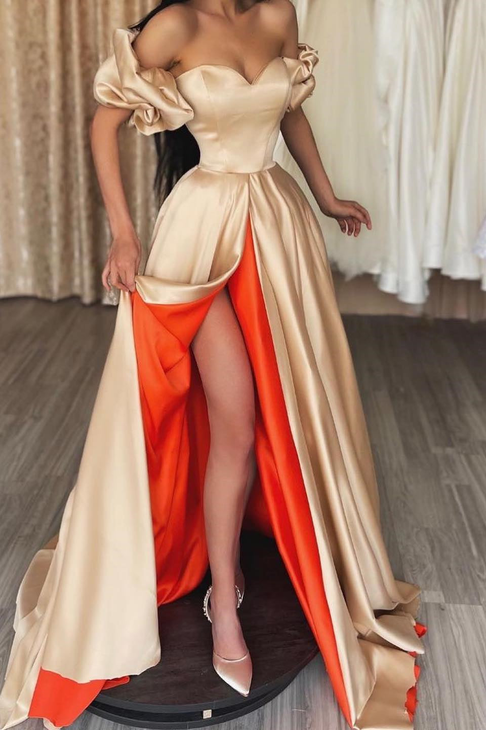 Elegant Off-the-Shoulder Sweetheart Prom Dress with Slit-Occasion Dress-BallBride