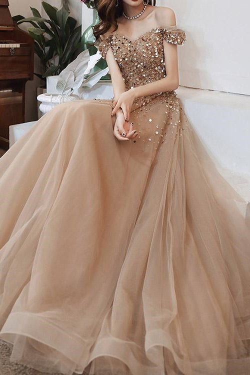 Elegant Off-The-Shoulder Sweetheart Sequins Long Evening Dress - Champagne-Evening Dresses-BallBride