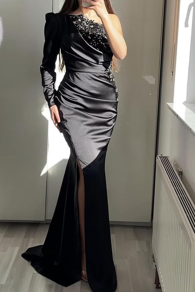 Elegant One Shoulder Long Sleeve Evening Dress With Beadings-BallBride