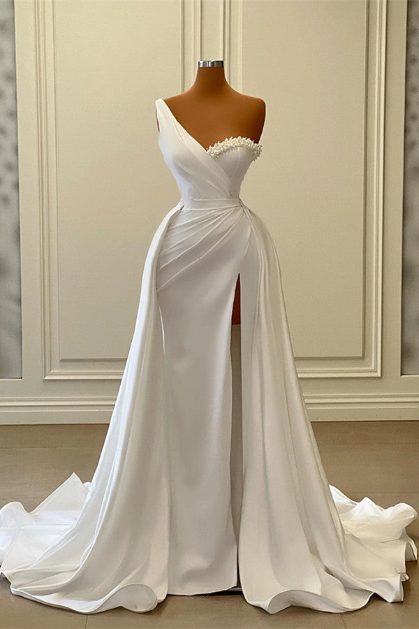 Elegant One Shoulder Satin Mermaid Wedding Dress with Slit Overskirt and Pearls-Wedding Dresses-BallBride