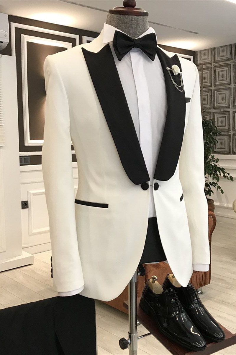 Elegant Prom Suit for Guys - White & Black Peaked Lapel with One Button-Prom Suits-BallBride