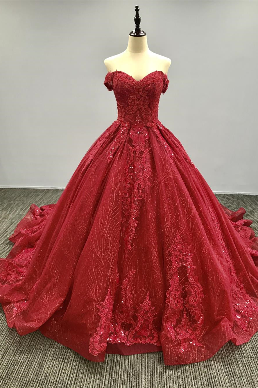 Elegant Red A Line Sweetheart Wedding Dress With Tulle Sweep and Appliques Sequins-Wedding Dresses-BallBride