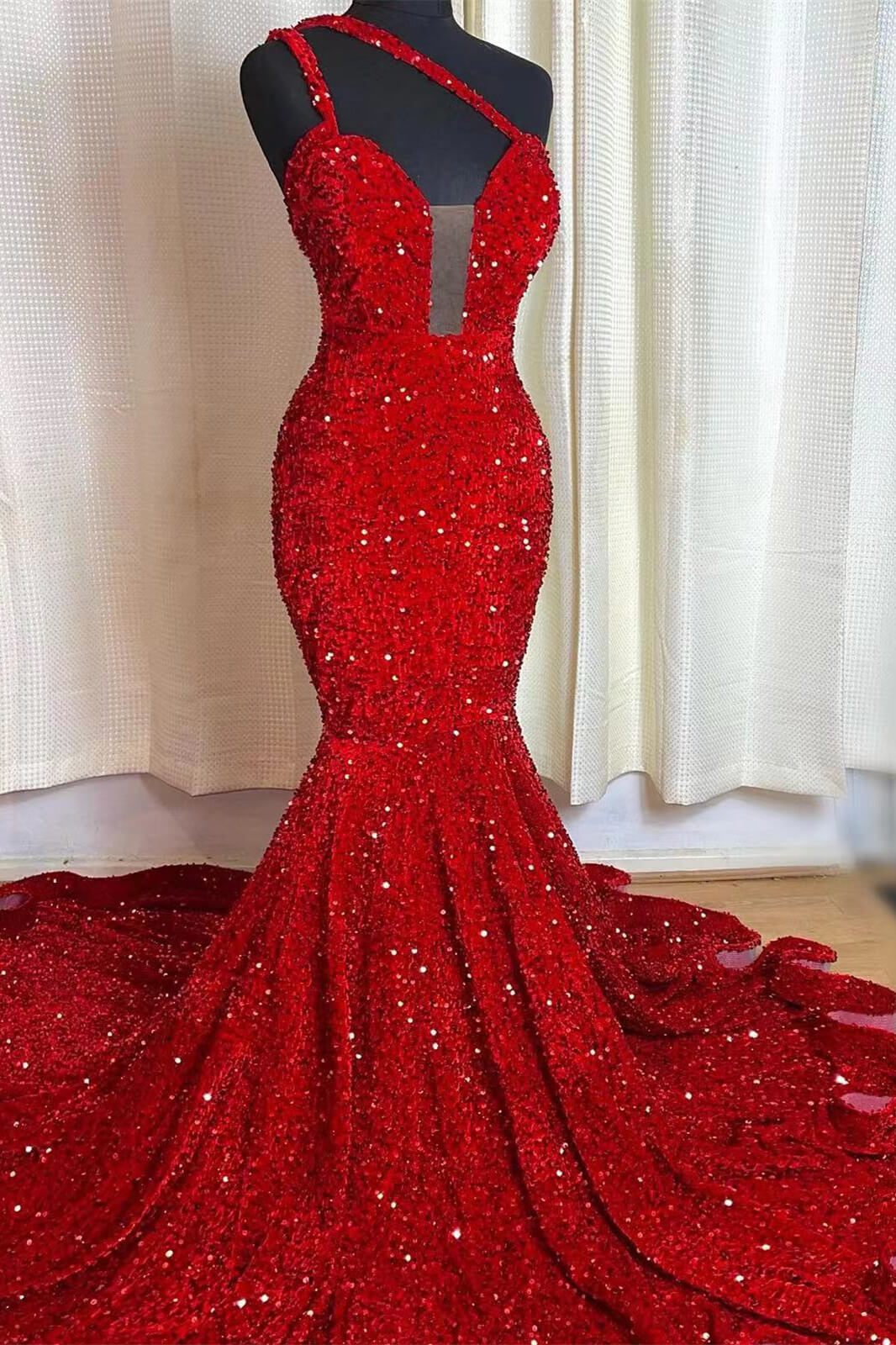 Elegant Red Mermaid Prom Dress with Sweetheart Sequins-BallBride