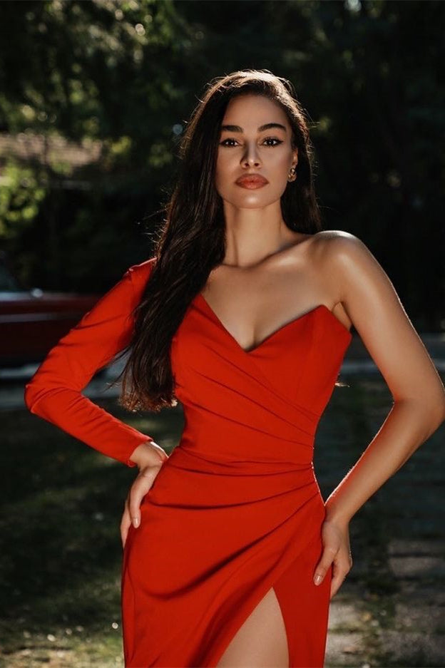 Elegant Red One Shoulder Mermaid Prom Dress with Slit-Occasion Dress-BallBride