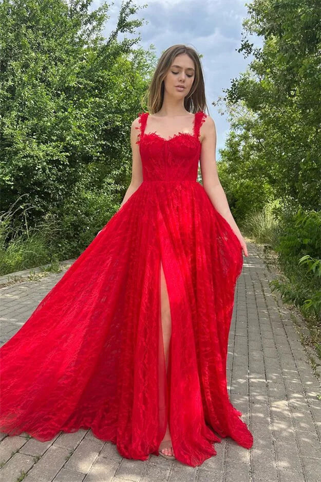 Elegant Red Straps Lace Evening Dress Long A-Line With Slit-BallBride
