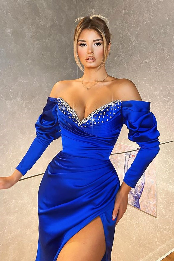 Elegant Royal Blue Long Sleeves Mermaid Evening Dress With Slit-Occasion Dress-BallBride