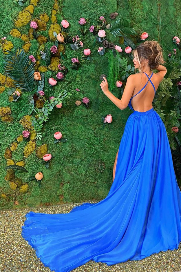 Elegant Royal Blue Sleeveless Prom Dress With Split-Occasion Dress-BallBride