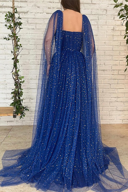 Elegant Royal Blue Tulle Long Evening Dress with Beads and Ruffles-Evening Dresses-BallBride