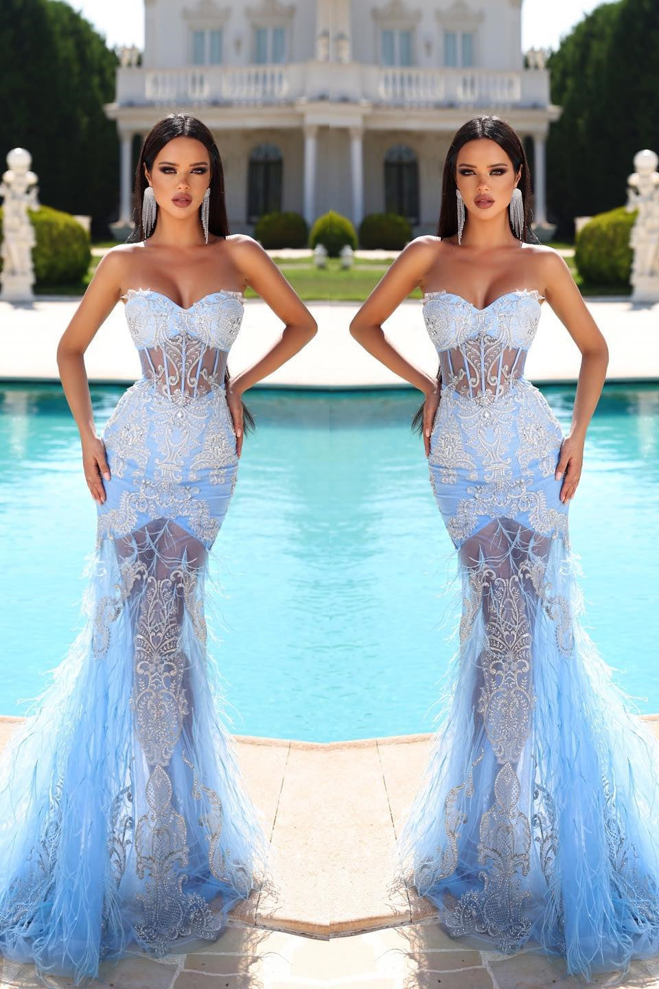 Elegant Sky Blue Sweetheart Mermaid Prom Dress with Lace Appliques and Feathers-Occasion Dress-BallBride