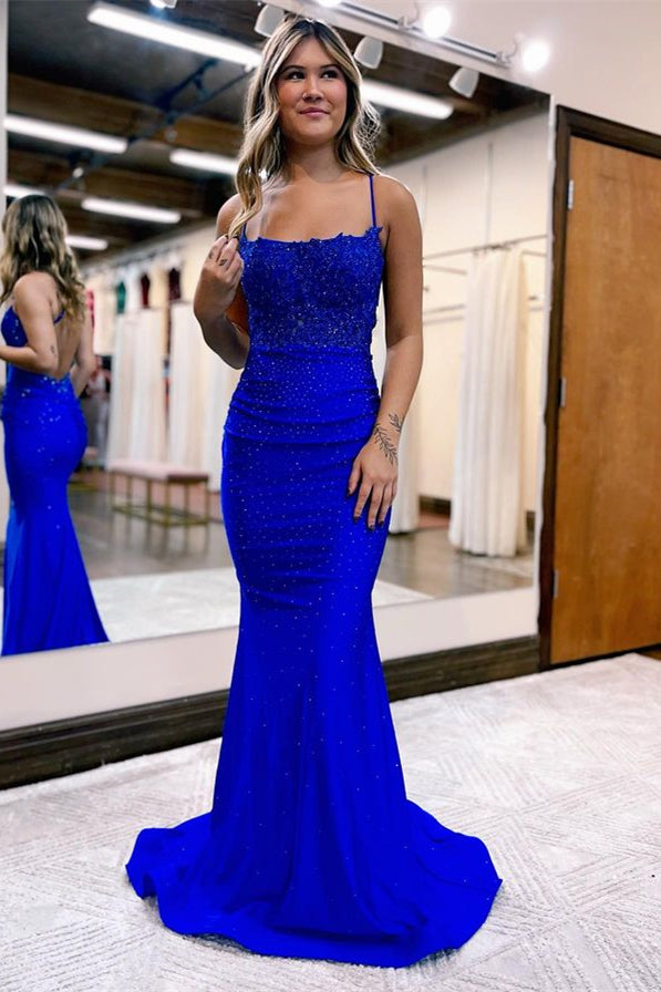 Elegant Sleeveless Prom Dress Mermaid With Appliques Beads and Spaghetti-Straps-Occasion Dress-BallBride
