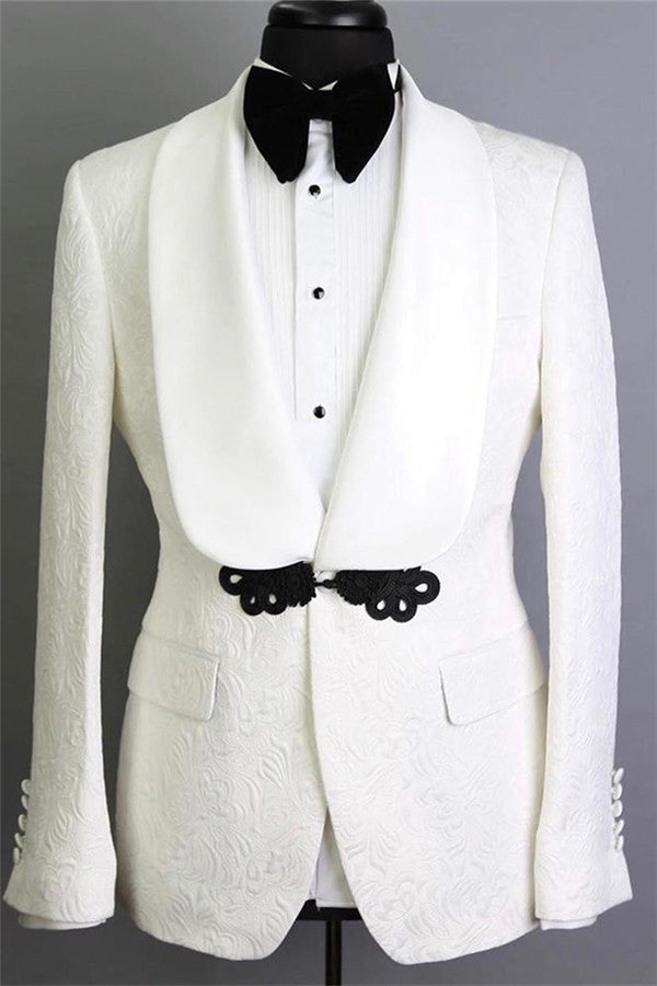 Elegant Slim Fit Tuxedos for Wedding | White Shawl Lapel Jacquard Groom Suits 2 Pieces-Wedding Suits-BallBride