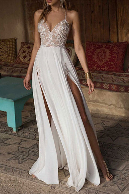 Elegant Spaghetti-Straps Split Chiffon Lace Wedding Dress-Wedding Dresses-BallBride