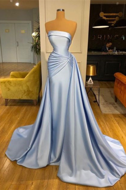 Elegant Strapless Mermaid Evening Dress in Baby Blue With Ruffle-Evening Dresses-BallBride
