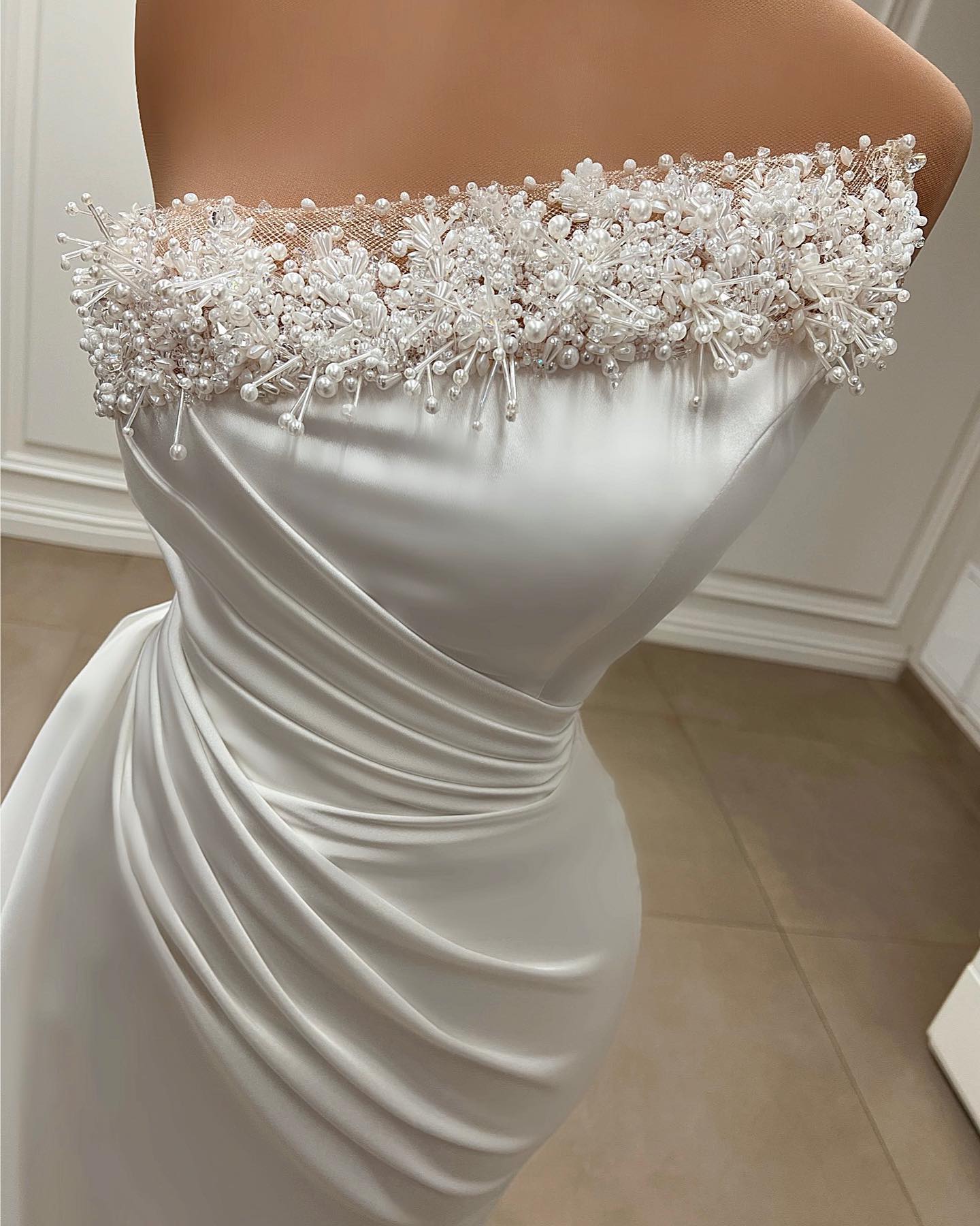 Elegant Strapless Satin Mermaid Wedding Dress with Pearls-Wedding Dresses-BallBride