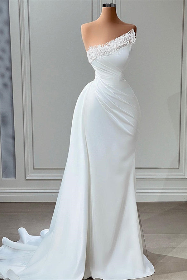 Elegant Strapless Satin Mermaid Wedding Dress with Pearls-Wedding Dresses-BallBride
